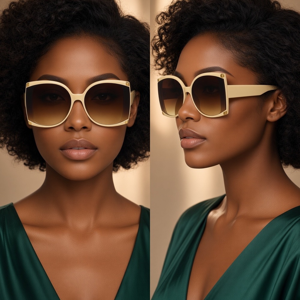 Womens Oversized Square Sunglasses Cream Beige Frame Gradient Brown Lens Retro